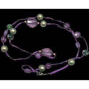 Whimsical Purple Beaded Ribbon Station Necklace
